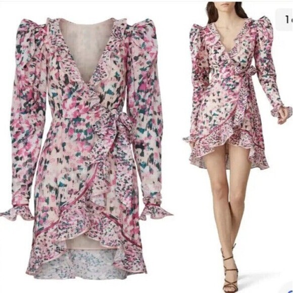 Rococo Sand Mimi Ruffle Trim Long Puff Sleeve Mini Wrap Dress Pink size Small - Picture 1 of 8